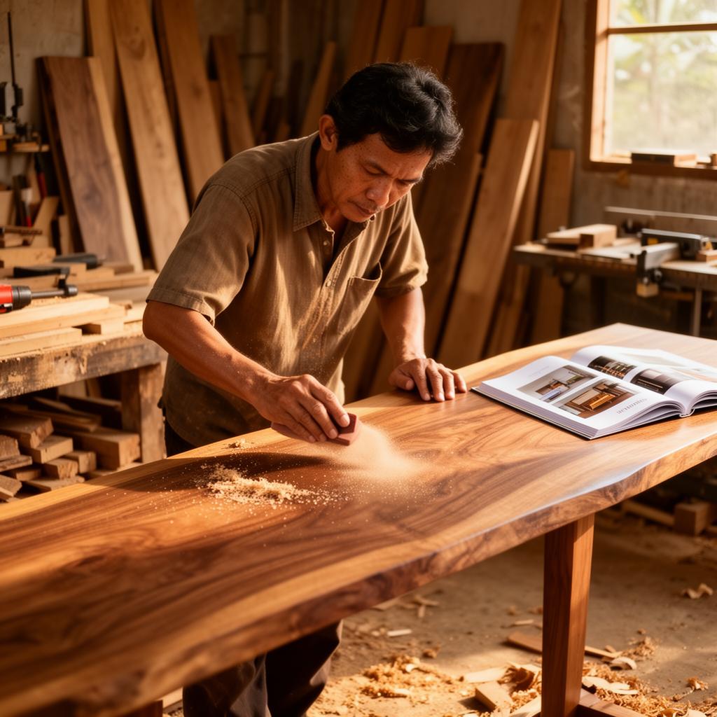 Jepara artisan sanding a solid wood tabletop